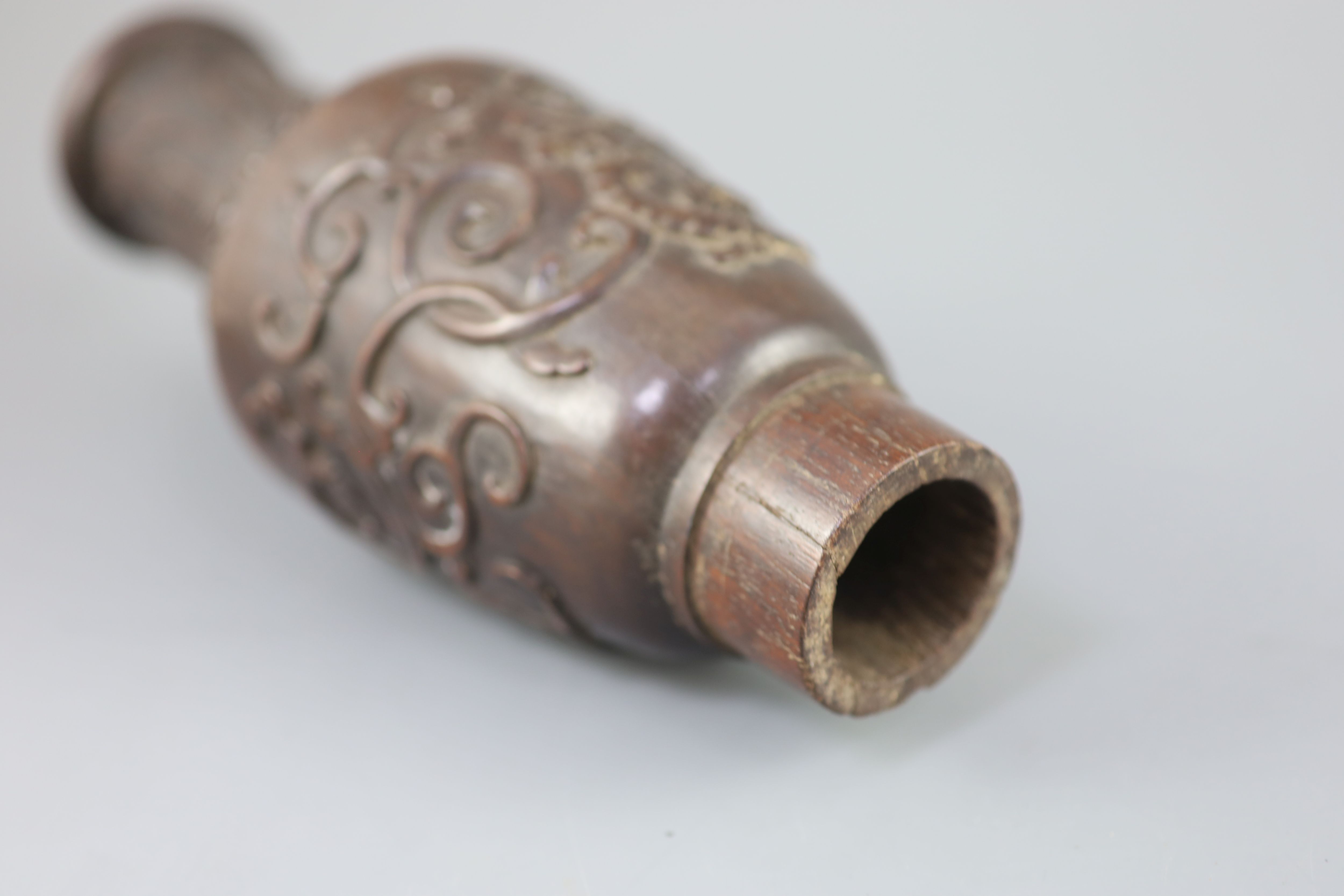 A Chinese hongmu model of a vase and a Chinese boxwood dragon handle, 18th century,